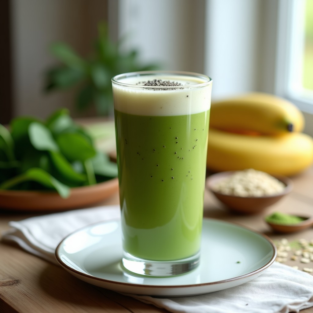 Vaso alto transparente con smoothie verde vibrante, espuma cremosa en la superficie y decoración de semillas de chía. Fondo con ingredientes frescos: espinacas, plátano y avena.