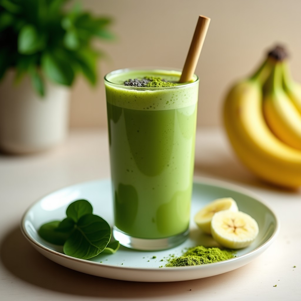 Vaso alto transparente con smoothie verde vibrante, capas visibles de espinacas y plátano, espolvoreado con matcha en polvo y semillas de chía, servido con una pajita de bambú sobre fondo claro.