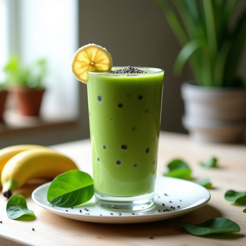 Vaso alto transparente con smoothie verde probiótico de kéfir y espinaca, espumoso y cremoso, decorado con semillas de chía y una rodaja de plátano. Fondo claro con hojas de espinaca frescas alrededor.