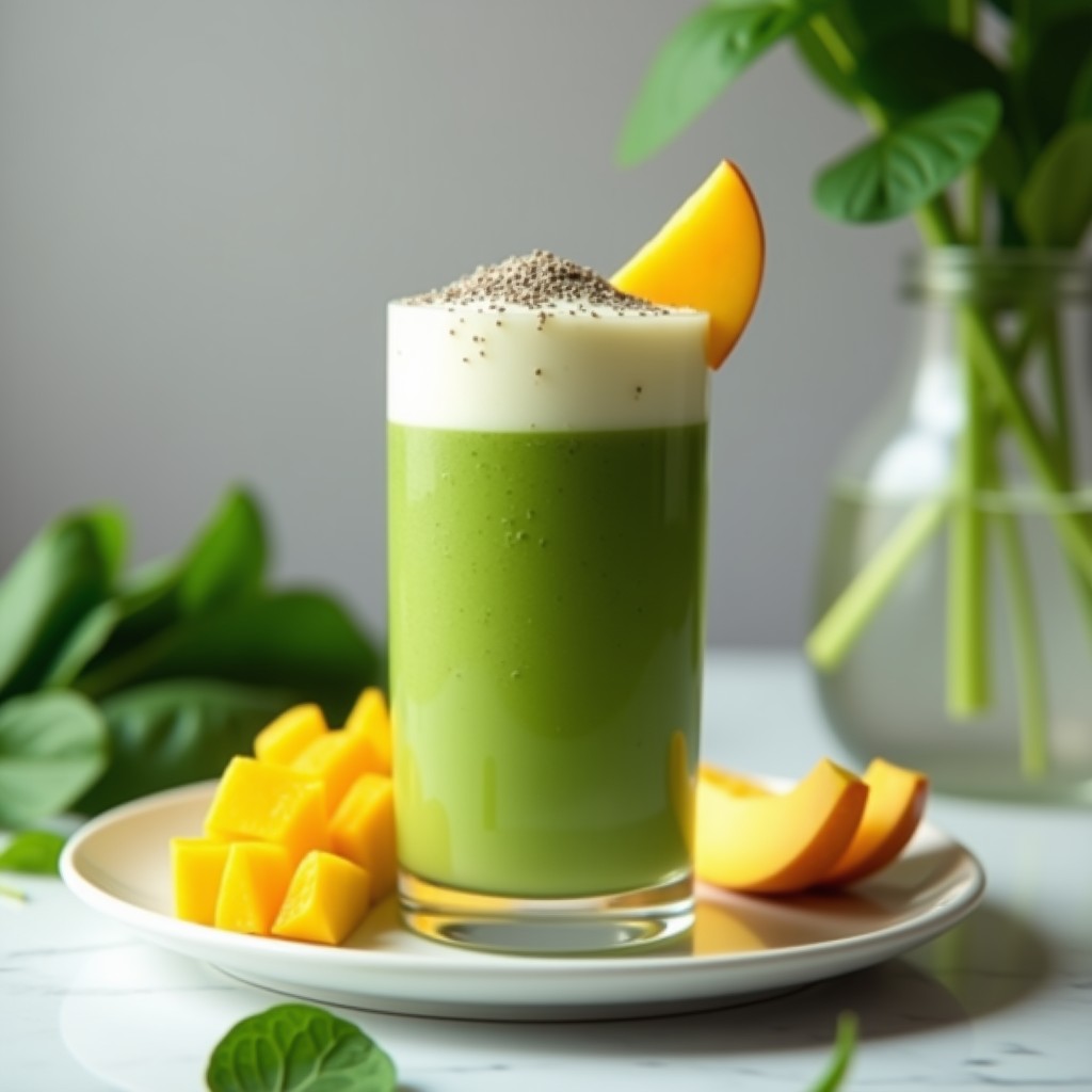Vaso alto transparente con smoothie verde proteico de espinaca y mango, espuma cremosa en la superficie y decorado con semillas de chía y rodajas de mango fresco, fondo claro con hojas de espinaca.
