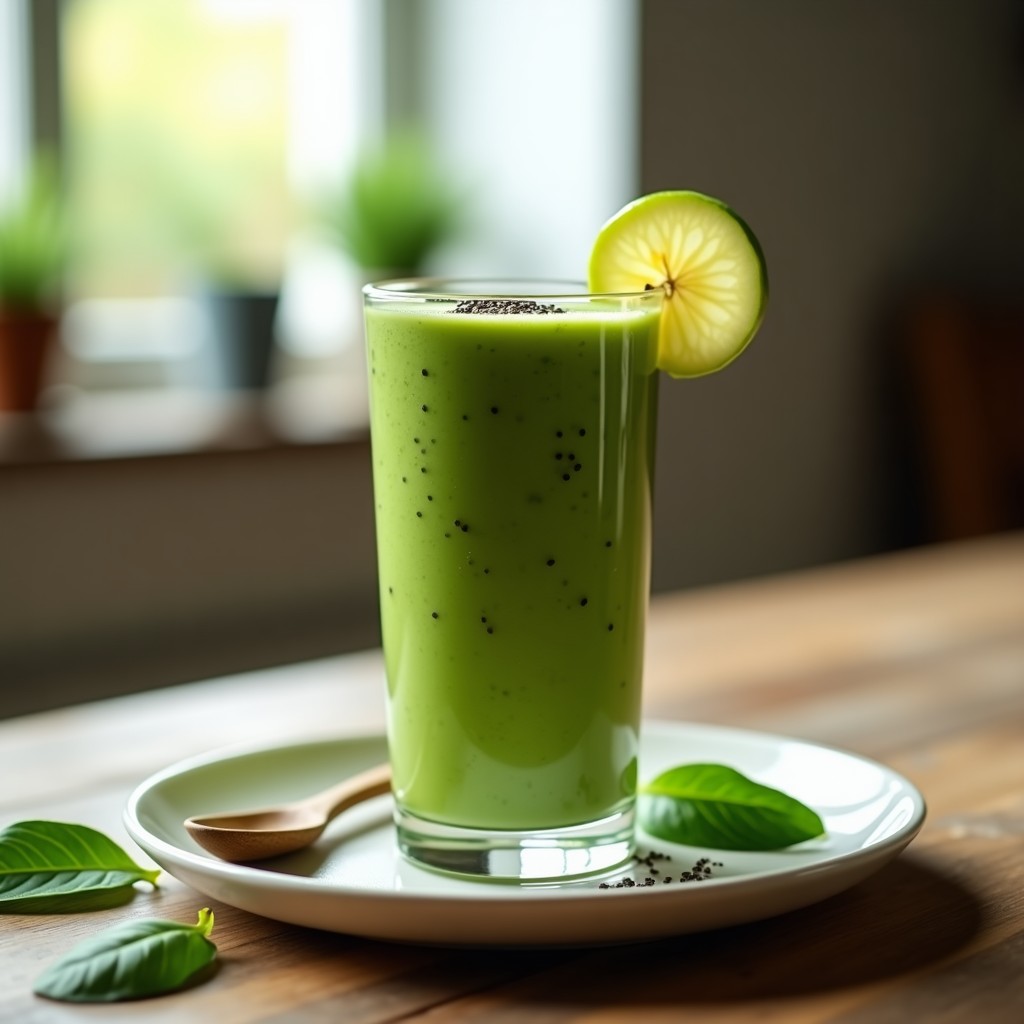 Vaso alto transparente con smoothie verde proteico de espirulina, espinacas y plátano, decorado con semillas de chía y una rodaja de manzana verde en el borde, sobre una mesa de madera con fondo claro.