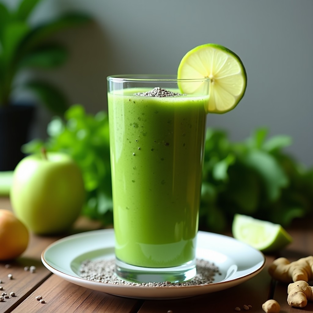 Vaso alto transparente con smoothie verde vibrante de espinacas y apio, decorado con rodajas de limón y semillas de chía, servido sobre una mesa de madera con ingredientes frescos alrededor.