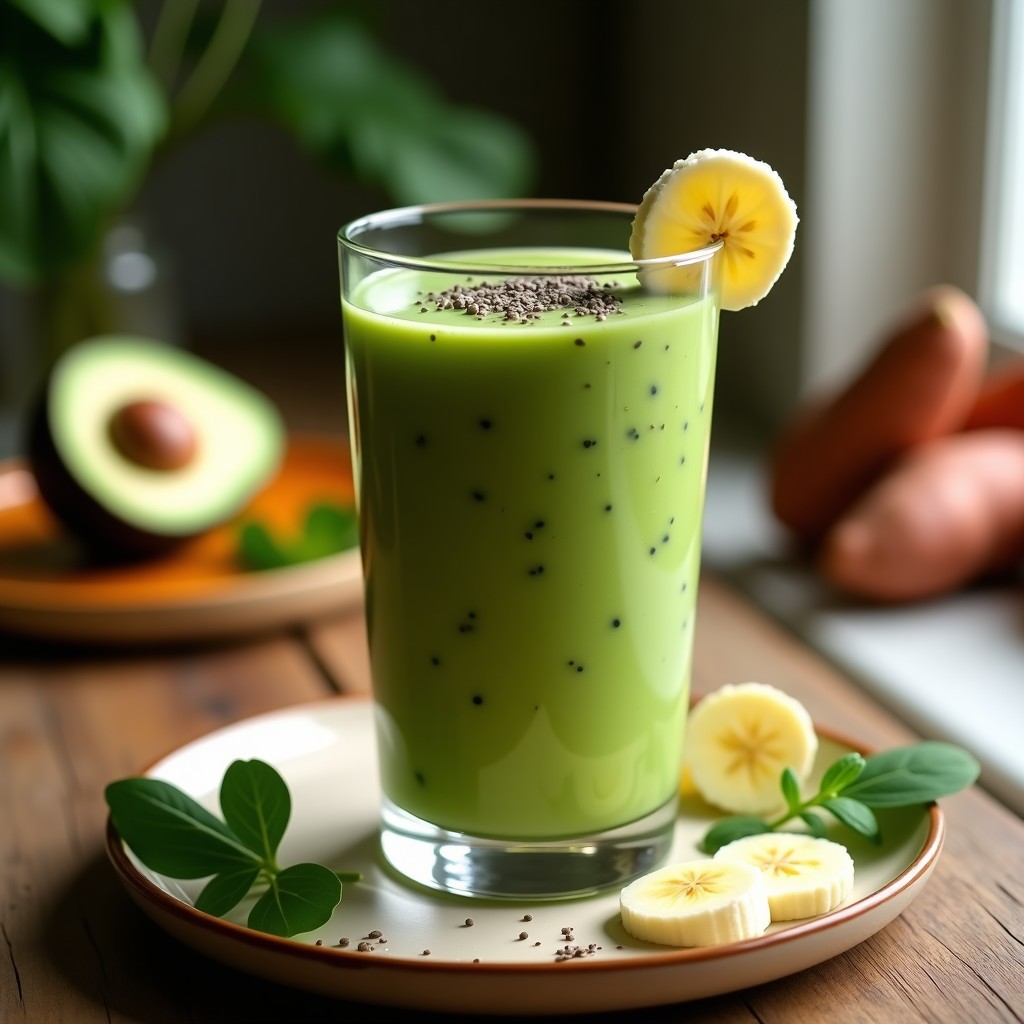 Vaso alto transparente con smoothie verde espeso de espinacas, aguacate y batata, decorado con semillas de chía y rodajas de plátano sobre fondo de madera rústica.