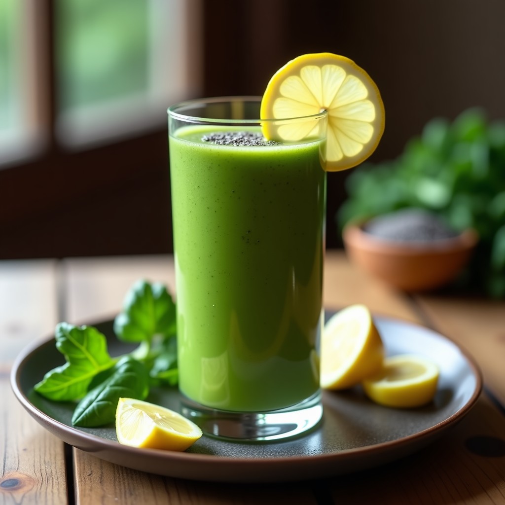 Vaso alto transparente con smoothie verde vibrante de espinacas y kale, decorado con semillas de chía y una rodaja de limón, sobre fondo de madera rústica con hojas frescas.
