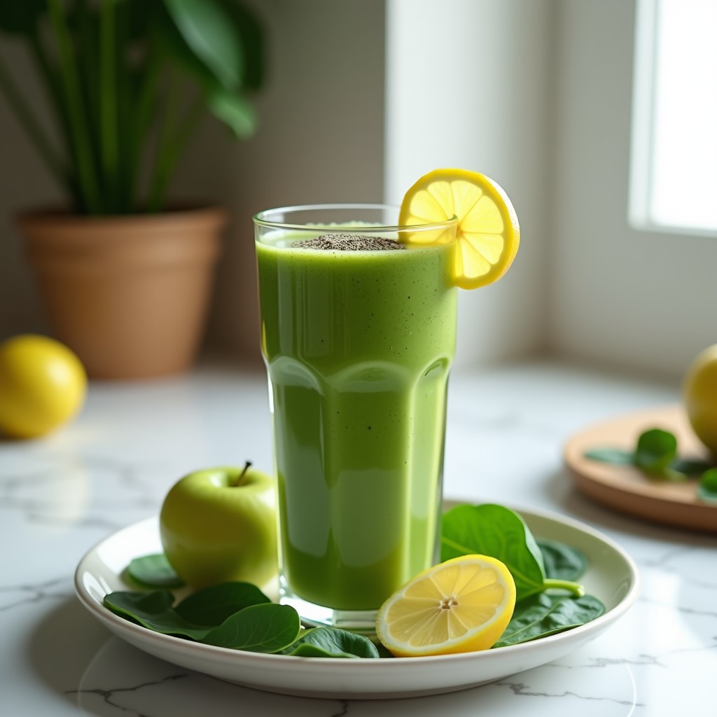 Vaso alto transparente con smoothie verde vibrante de espinacas y manzana, decorado con semillas de chía y una rodaja de limón, sobre fondo blanco con hojas de espinaca frescas.
