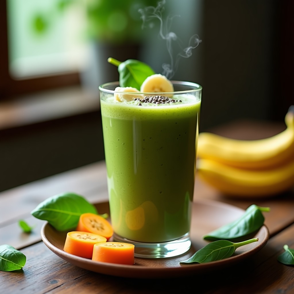 Vaso transparente con smoothie verde espeso de espinacas y batata, decorado con semillas de chía y rodajas de plátano, sobre una mesa de madera rústica con hojas de espinaca fresca alrededor.