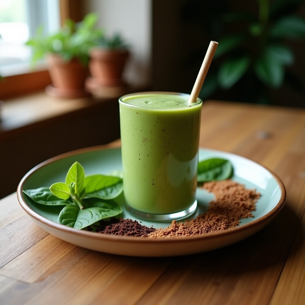 Vaso alto transparente con smoothie de chocolate oscuro espeso, coronado con semillas de chía y cacao en polvo, servido sobre una mesa de madera con espinacas y zanahorias al lado, receta de verduras ocultas para niños.