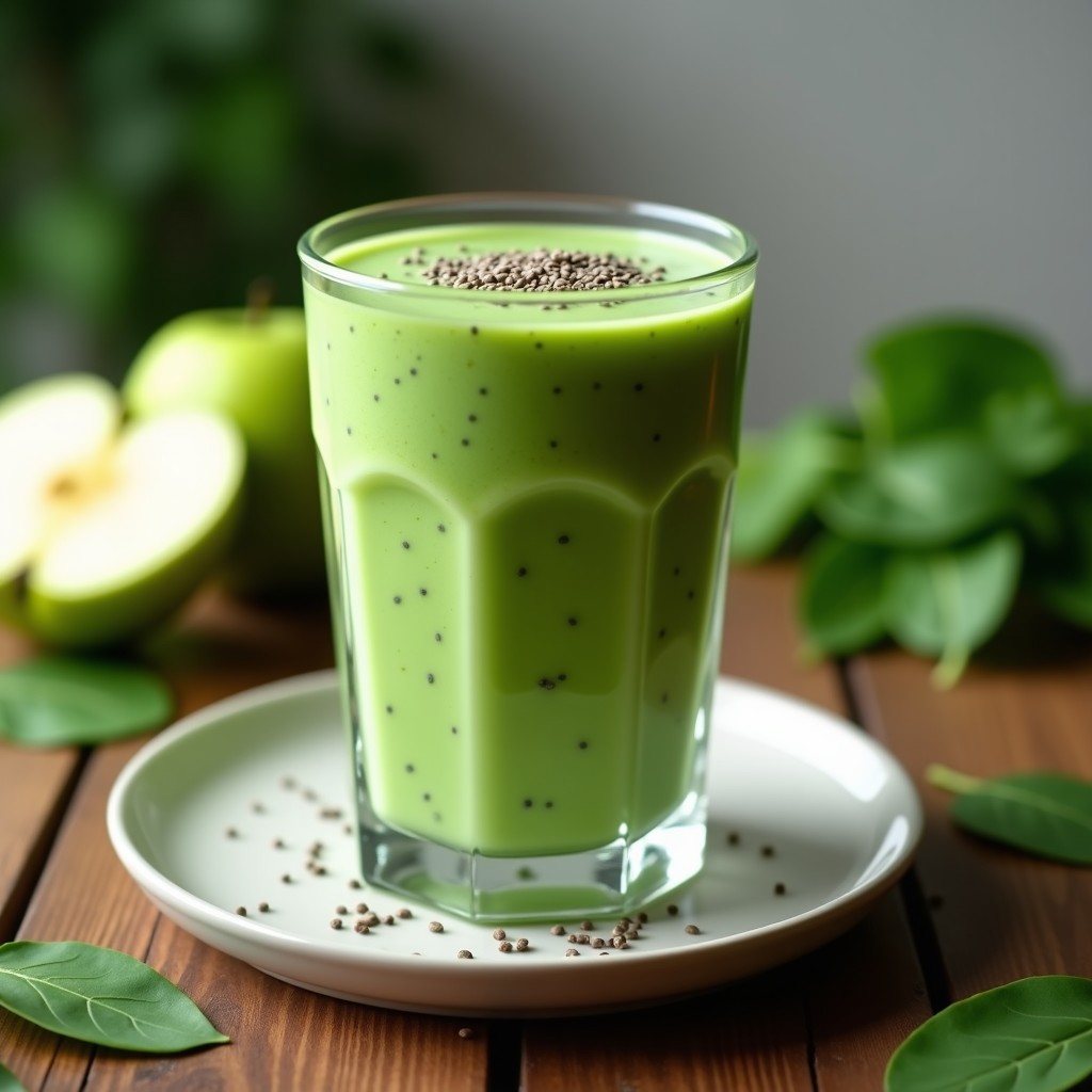 Vaso alto transparente con smoothie verde cremoso de espinacas y frutas, decorado con semillas de chía, receta de smoothie de verduras ocultas para niños.