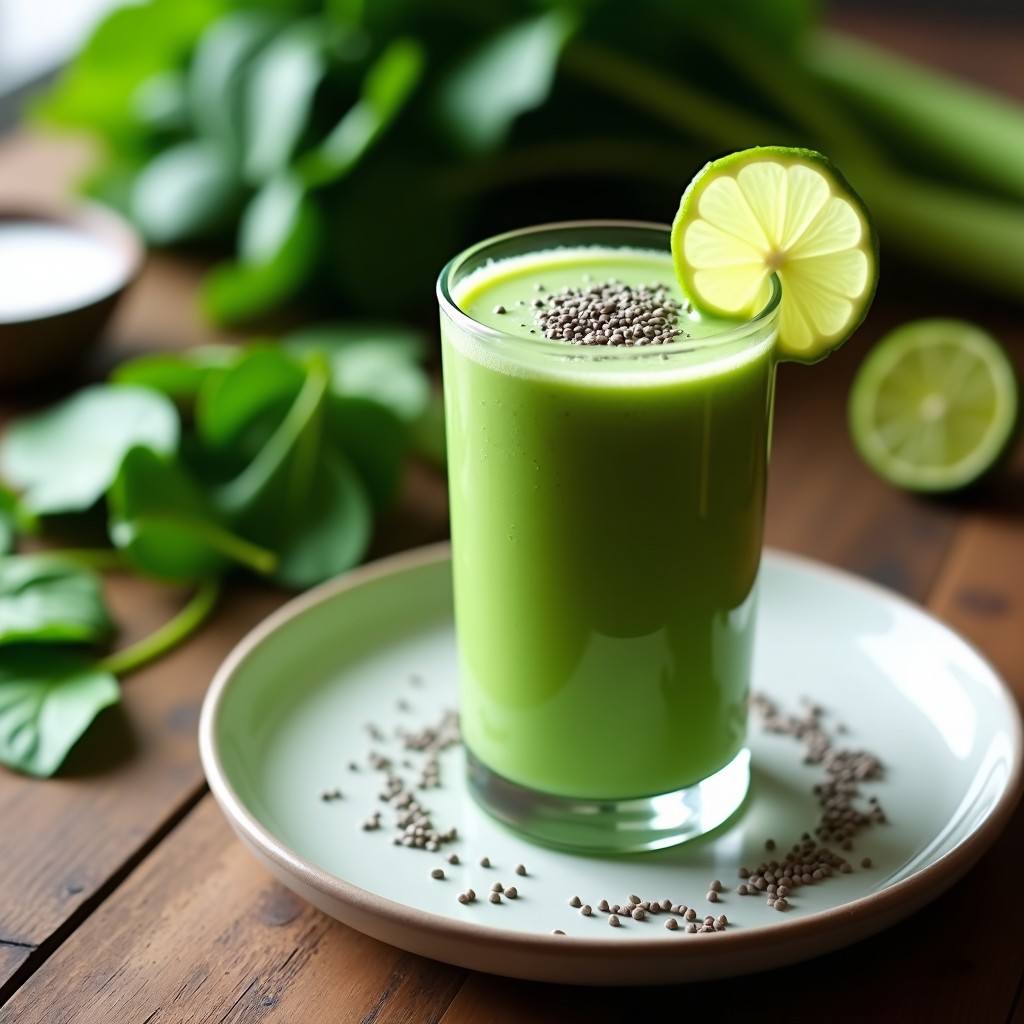 Vaso alto transparente con smoothie verde cremoso, decorado con semillas de chía y una rodaja de limón al borde. Receta de smoothie de verduras verdes con kéfir para la digestión.