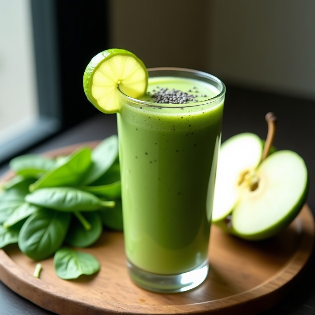 Vaso alto transparente con smoothie verde vibrante, decorado con rodajas de limón y semillas de chía, sobre fondo de madera rústica, receta smoothie de verduras verdes proteico y detox.