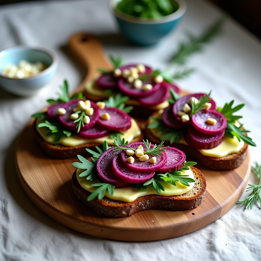 Smørrebrød danés vegano con pan de centeno sin gluten, rodajas de remolacha asada dorada, crema de queso de altramuces, rúcula fresca, eneldo y semillas de sésamo tostadas. Presentación elegante en plato blanco con fondo rústico.