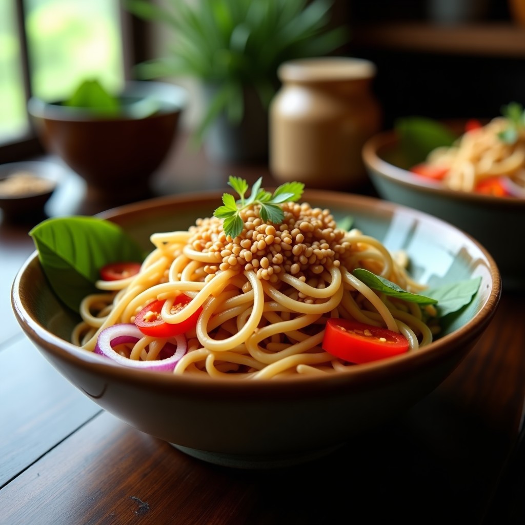 Plato hondo con fideos soba dorados, salteados con cebolla morada y pimiento rojo, bañados en una cremosa salsa de cacahuete y sésamo, decorados con semillas de sésamo tostadas y brotes de soja frescos.