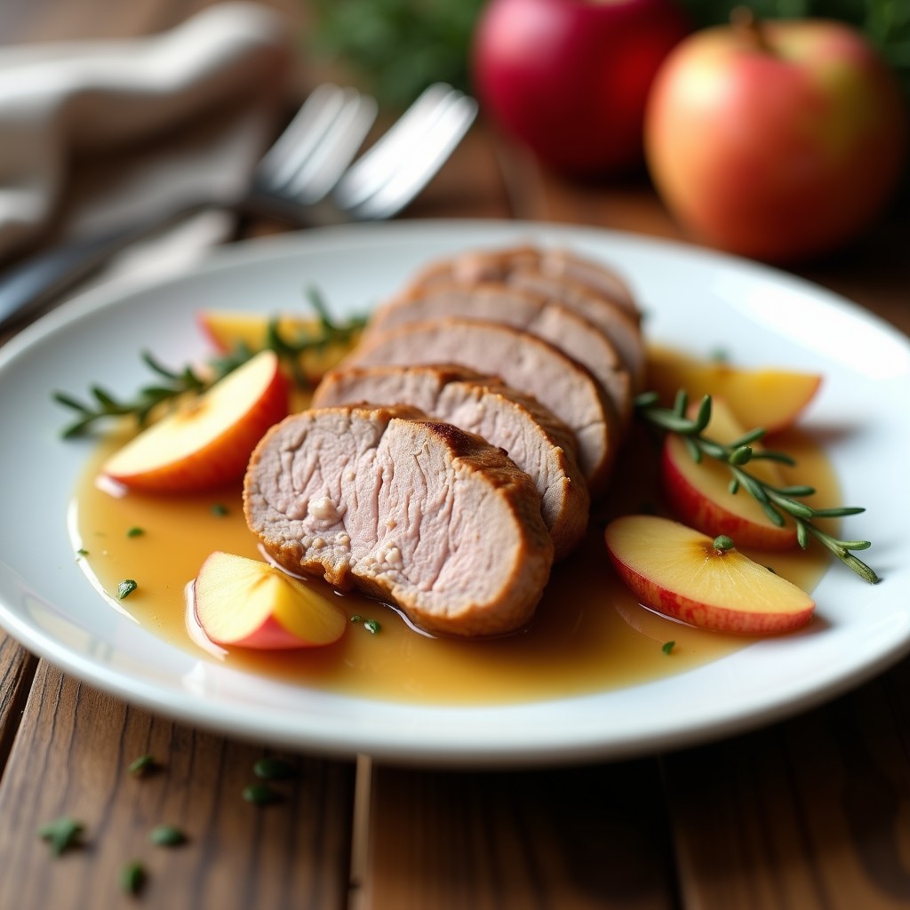 Medallones de solomillo de cerdo jugosos servidos en un plato blanco, bañados en una salsa cremosa de sidra con gajos de manzana dorados y una ramita de tomillo fresco.