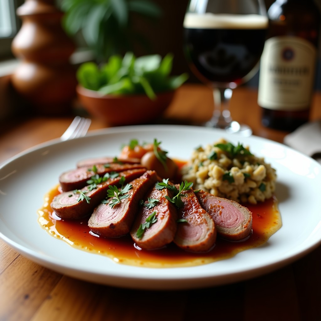 Solomillo ibérico en rodajas gruesas con costra dorada, bañado en salsa oscura de cerveza negra y decorado con romero fresco, servido en plato de barro rústico.