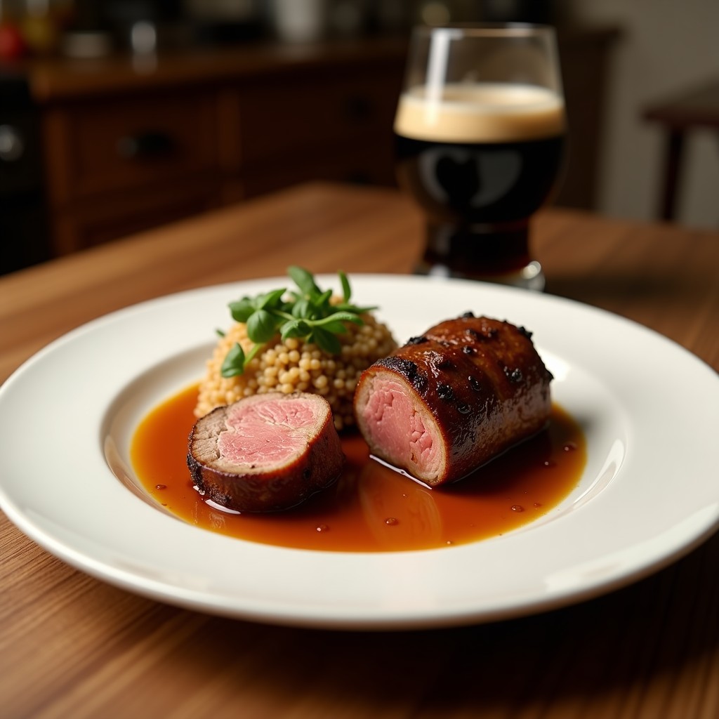 Plato de solomillo ibérico en medallones dorados bañados en salsa oscura y brillante a la cerveza negra, acompañado de cebolla morada caramelizada y ramitas de tomillo fresco.