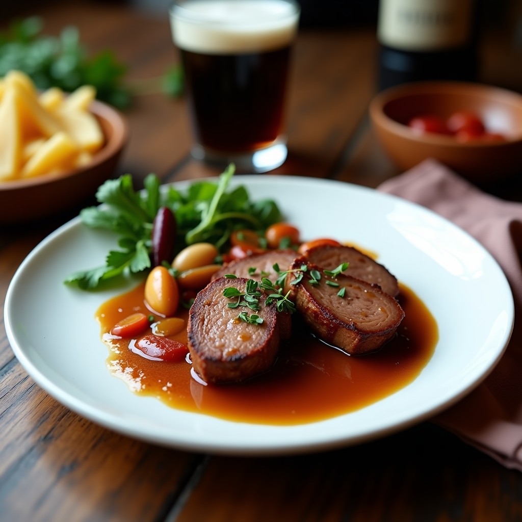 Plato de loza negra con medallones de solomillo ibérico glaseados con reducción de cerveza negra, acompañados de cebolla morada caramelizada y romero fresco, receta en sartén.