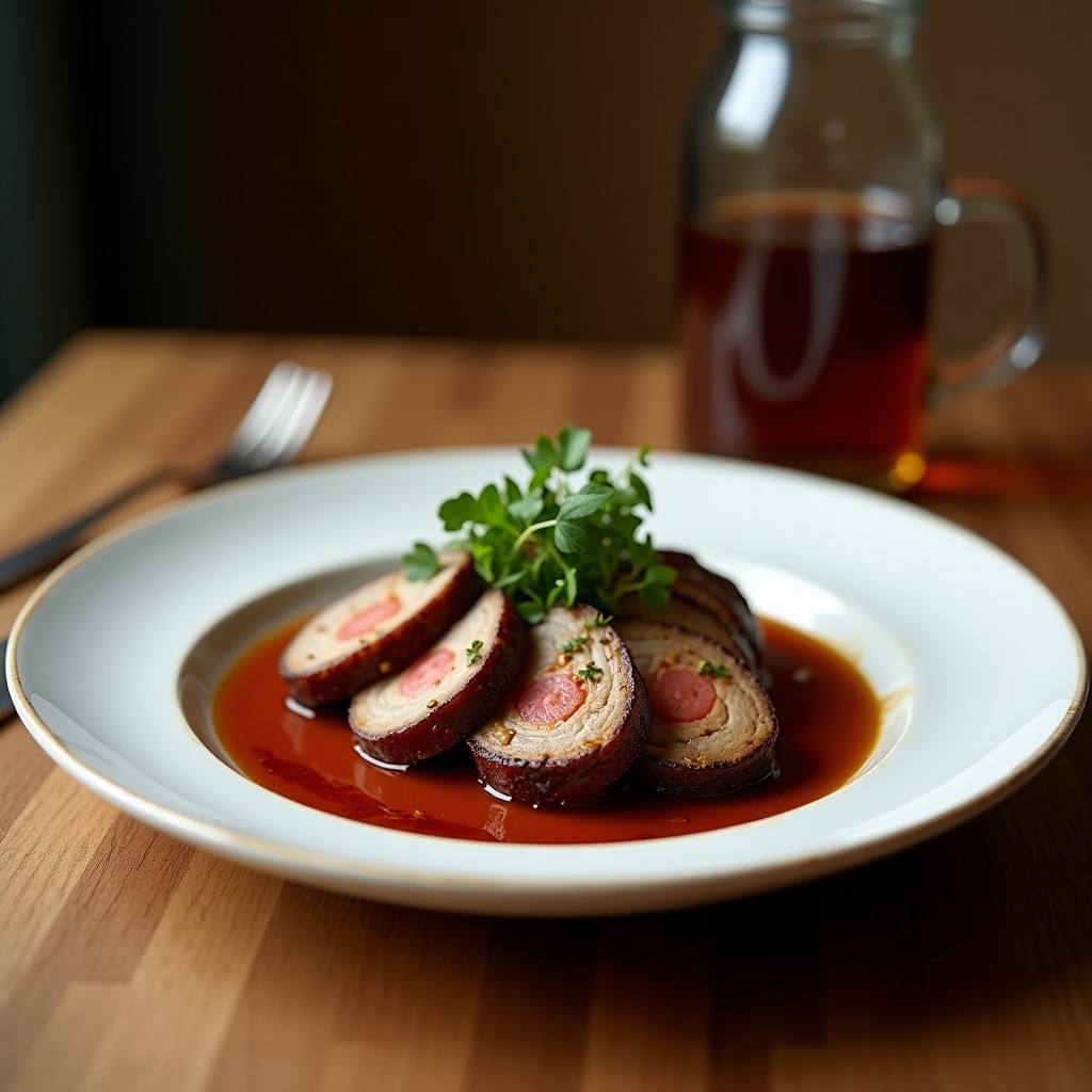 Rodajas de solomillo ibérico glaseado con miel y vinagre balsámico, doradas y jugosas, servidas en plato blanco con ramita de romero y un hilo de glaseado brillante.