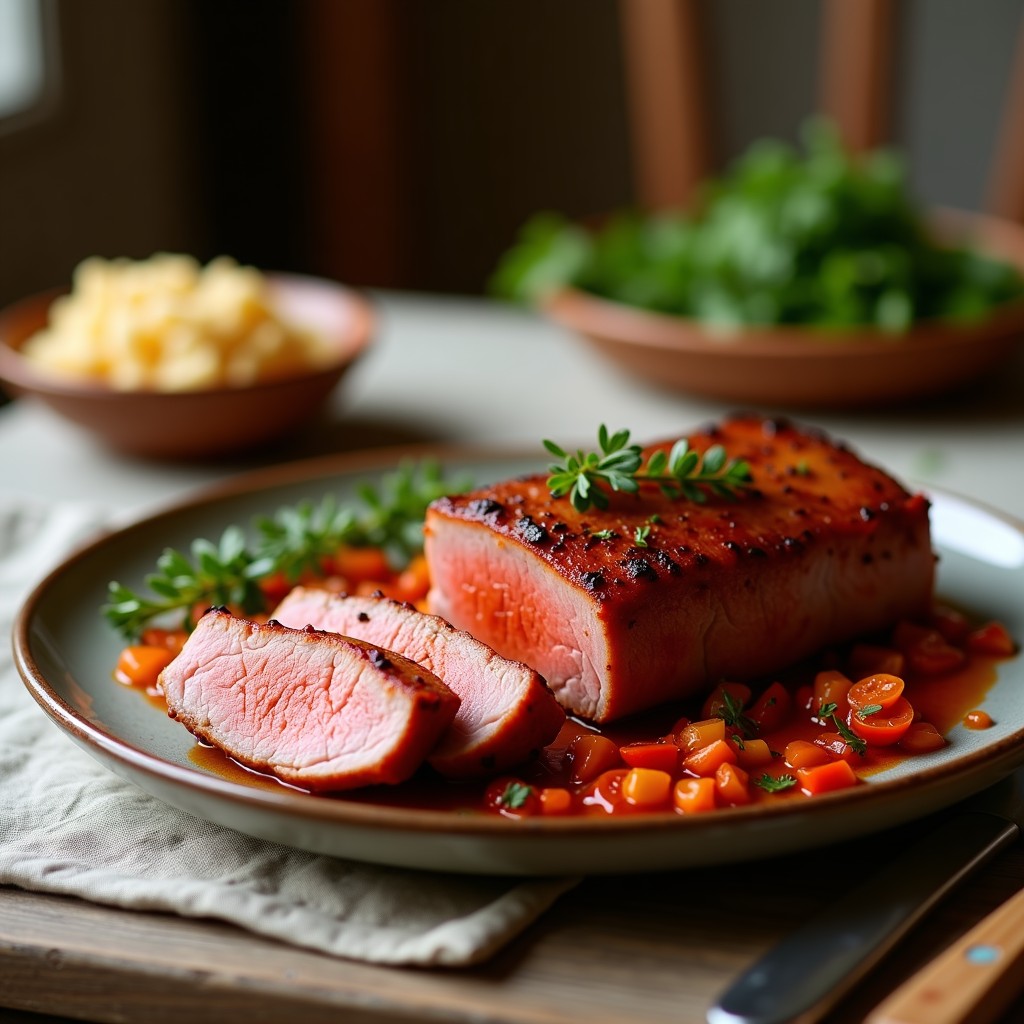 Rodajas gruesas de solomillo ibérico marinado con pimentón dulce, perfectamente selladas y jugosas, servidas en un plato de loza blanca con salsa reducida de vino tinto y hierbas frescas, acompañadas de espárragos verdes.