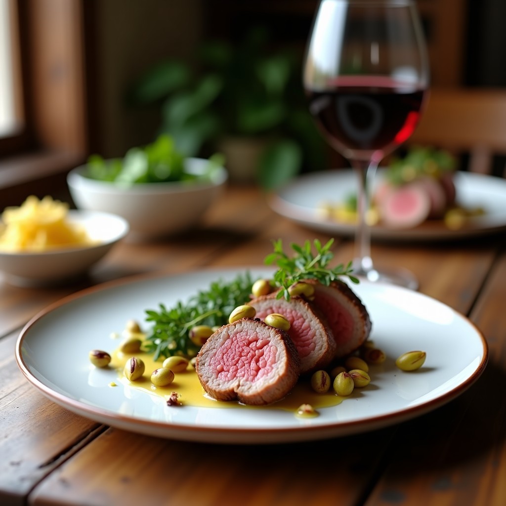 Plato de porcelana blanca con rodajas de solomillo ibérico cubiertas de costra dorada de pistachos, servidas con salsa espesa y decoración de perejil fresco. Receta en Thermomix.