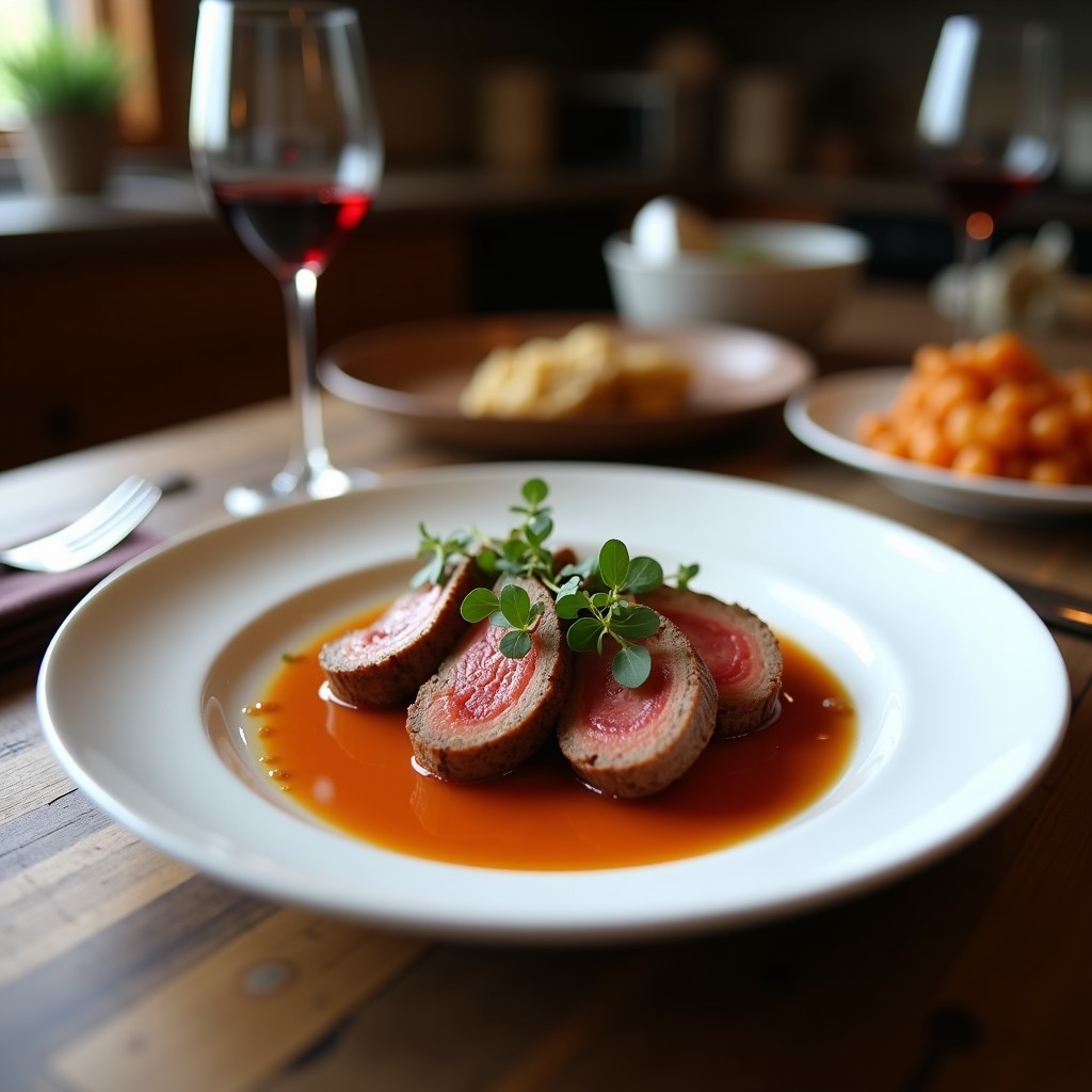 Plato blanco elegante con medallones de solomillo ibérico dorados, bañados en salsa Pedro Jiménez brillante y oscura, acompañados de pasas y cebolla morada. Receta gourmet de cocina española en 20 minutos.