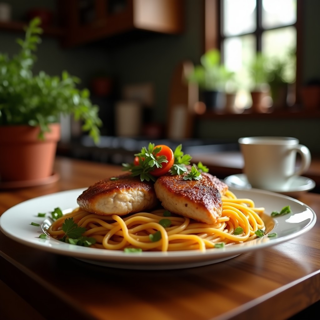 Medallones dorados de solomillo de pollo con costra crujiente de café y cacao, servidos en un plato blanco rústico sobre fondo de madera oscura. Receta colombiana en airfryer, alta en proteína y con toques gourmet.