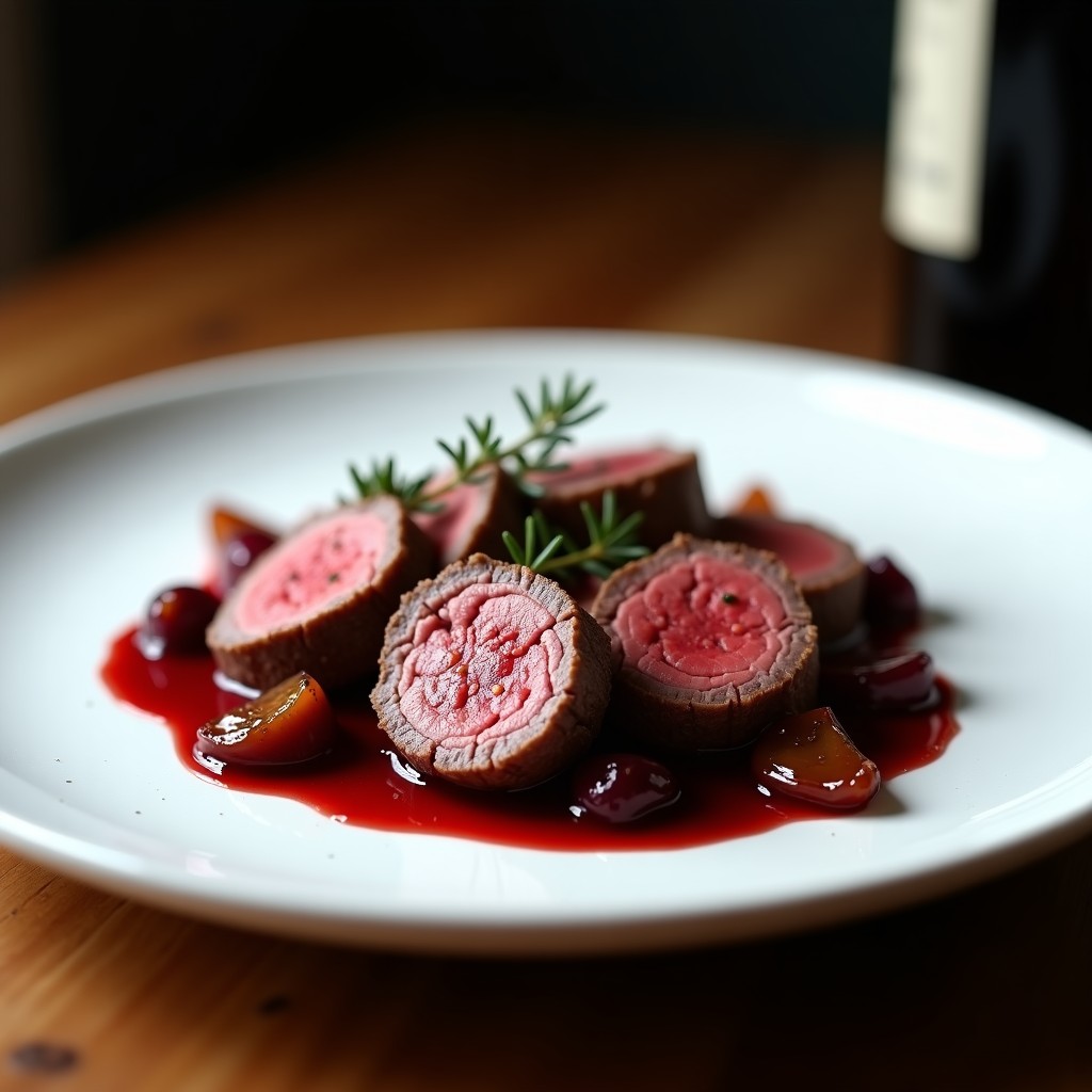 Plato blanco elegante con rodajas de solomillo de ternera bañadas en salsa de vino tinto brillante, decorado con ramitas de tomillo fresco y cebolla morada caramelizada.