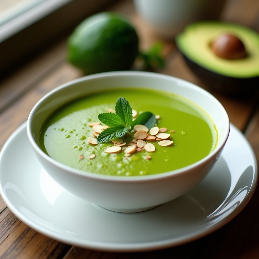 Cuenco blanco con sopa fría de aguacate y espinaca, color verde vibrante, decorada con hojas de menta y virutas de almendra. Receta en airfryer.