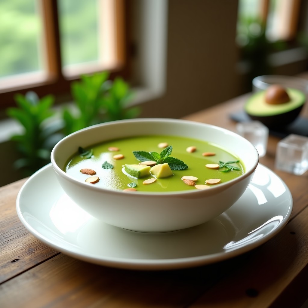 Cuenco blanco con sopa de aguacate y limón vegana fría, decorada con trozos de aguacate, almendras fileteadas y hojas de hierbabuena, sobre una mesa de madera con hielo picado.