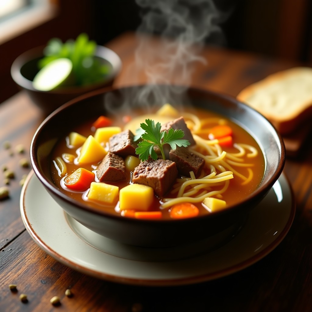 Olla humeante con sopa a la minuto peruana, mostrando trozos de carne de res, papa, zanahoria y fideos en un caldo dorado, decorada con cilantro fresco.