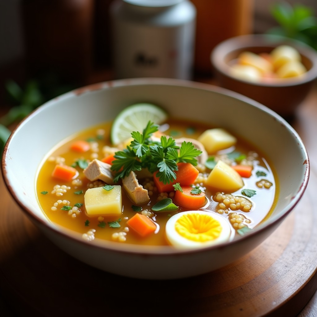 Plato hondo de cerámica blanca con aguadito ayacuchano: caldo dorado con trozos de pollo, quinua, zanahoria, papa, huevo duro y hierbas frescas como huacatay y cilantro. Receta tradicional peruana.