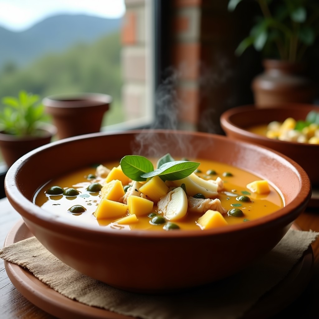 Plato hondo de barro con sopa de ajíaco venezolana, rodajas de mazorca, papas blancas y amarillas, pollo desmenuzado, huevo duro y alcaparras, decorado con guascas frescas y crema de leche.