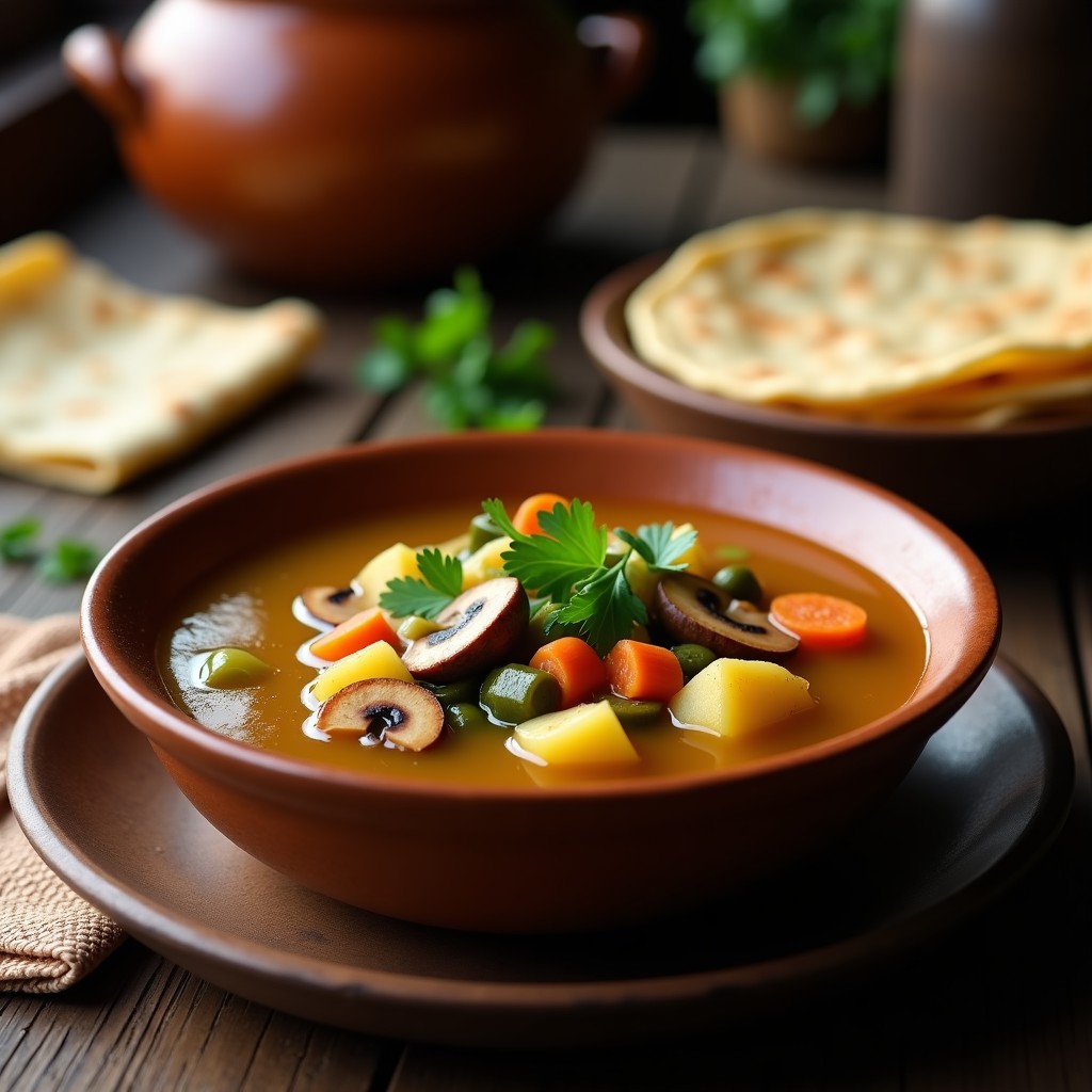 Olla de barro humeante con sopa de ajblobita guatemalteca, llena de trozos de hongo ajblobita, ayote, papa y zanahoria, decorada con cilantro fresco y servida en un bowl rústico.