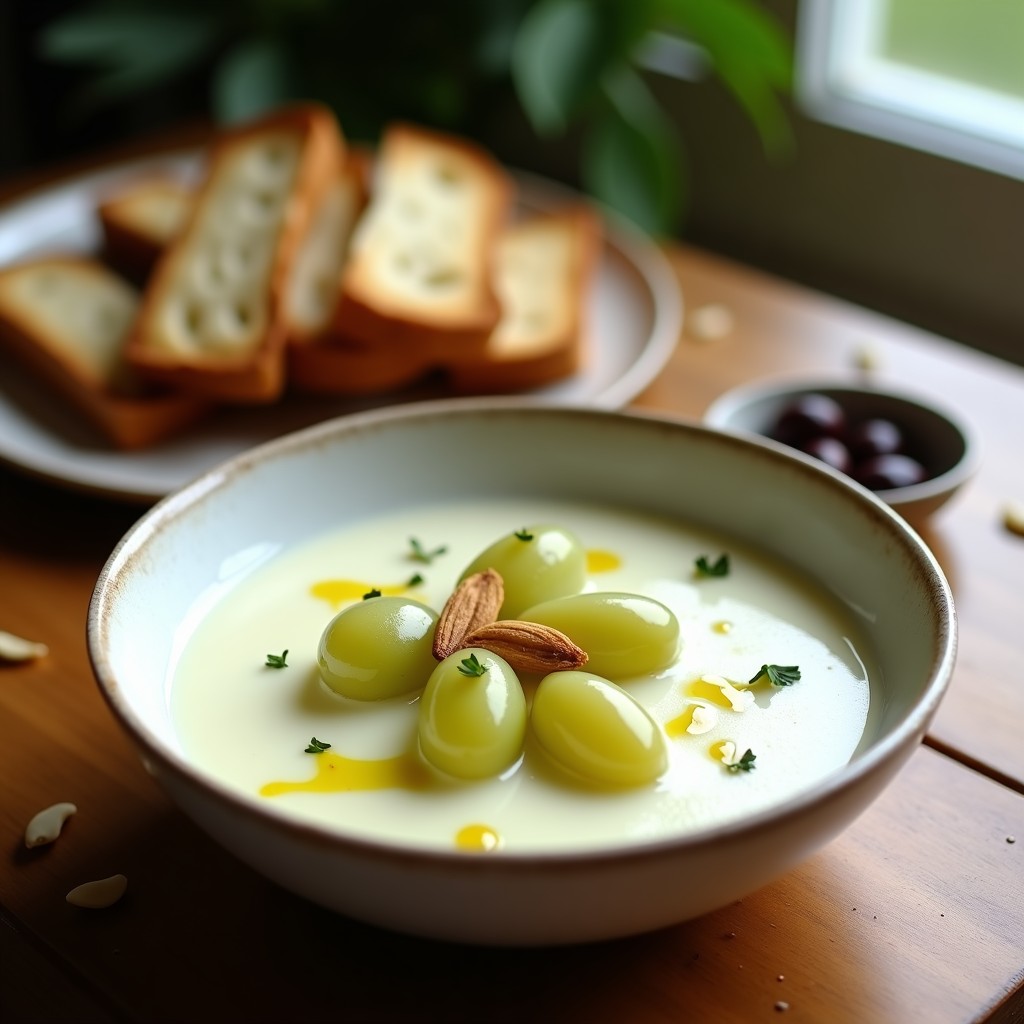 Cuenco de cerámica blanco con sopa de ajo blanco cremosa, decorada con uvas verdes y almendras tostadas, sobre fondo rústico de madera con aceitunas y pan tostado al lado.