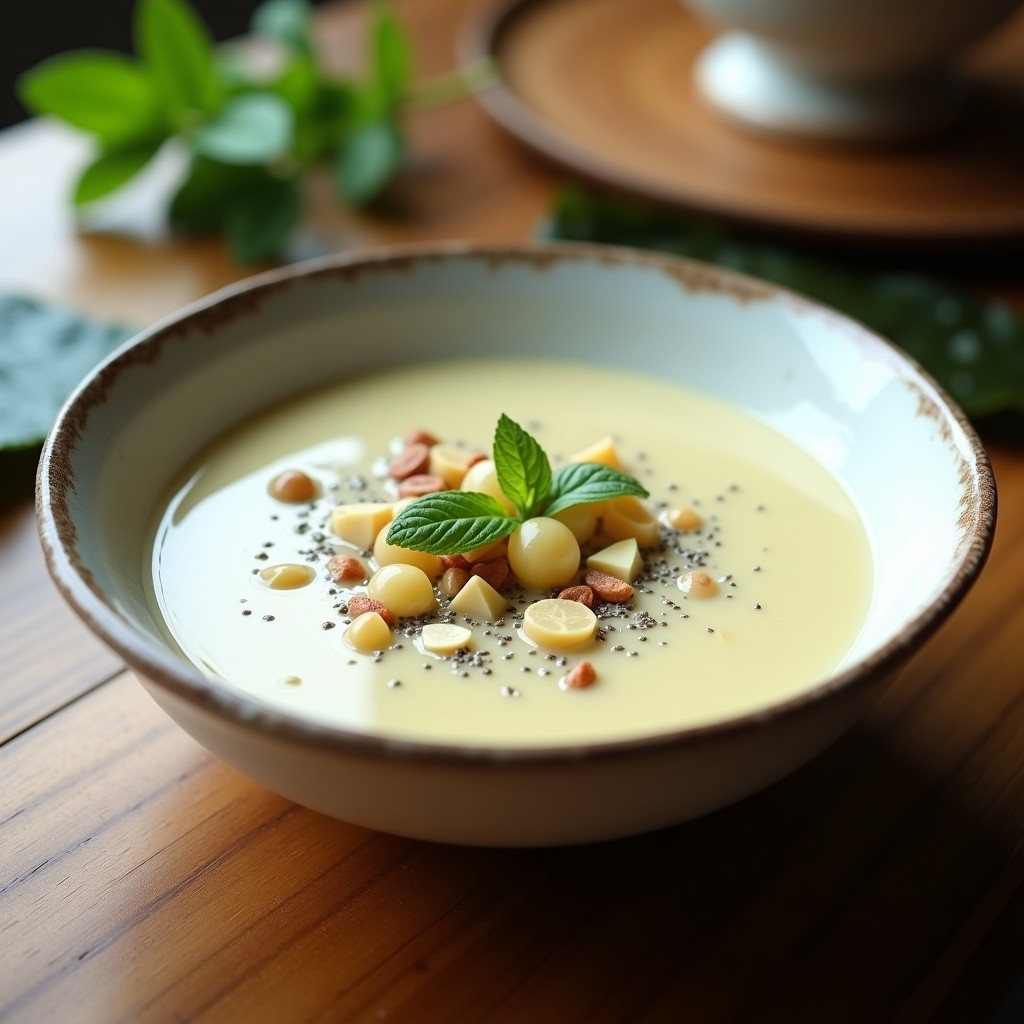 Cuenco de cerámica blanca con sopa de ajo blanco cremosa, decorada con uvas blancas troceadas, semillas de chía y virutas de almendra, sobre un fondo de madera rústica con algas nori al lado.