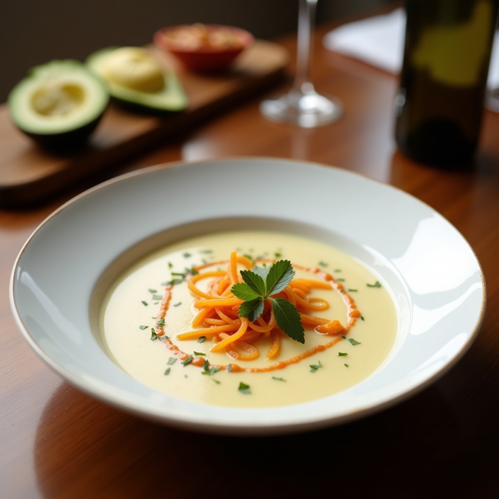 Cuenco de cerámica blanca con sopa de ajo blanco cremosa, decorada con uvas moscatel doradas y un hilo de aceite de oliva virgen extra sobre fondo rústico de madera.