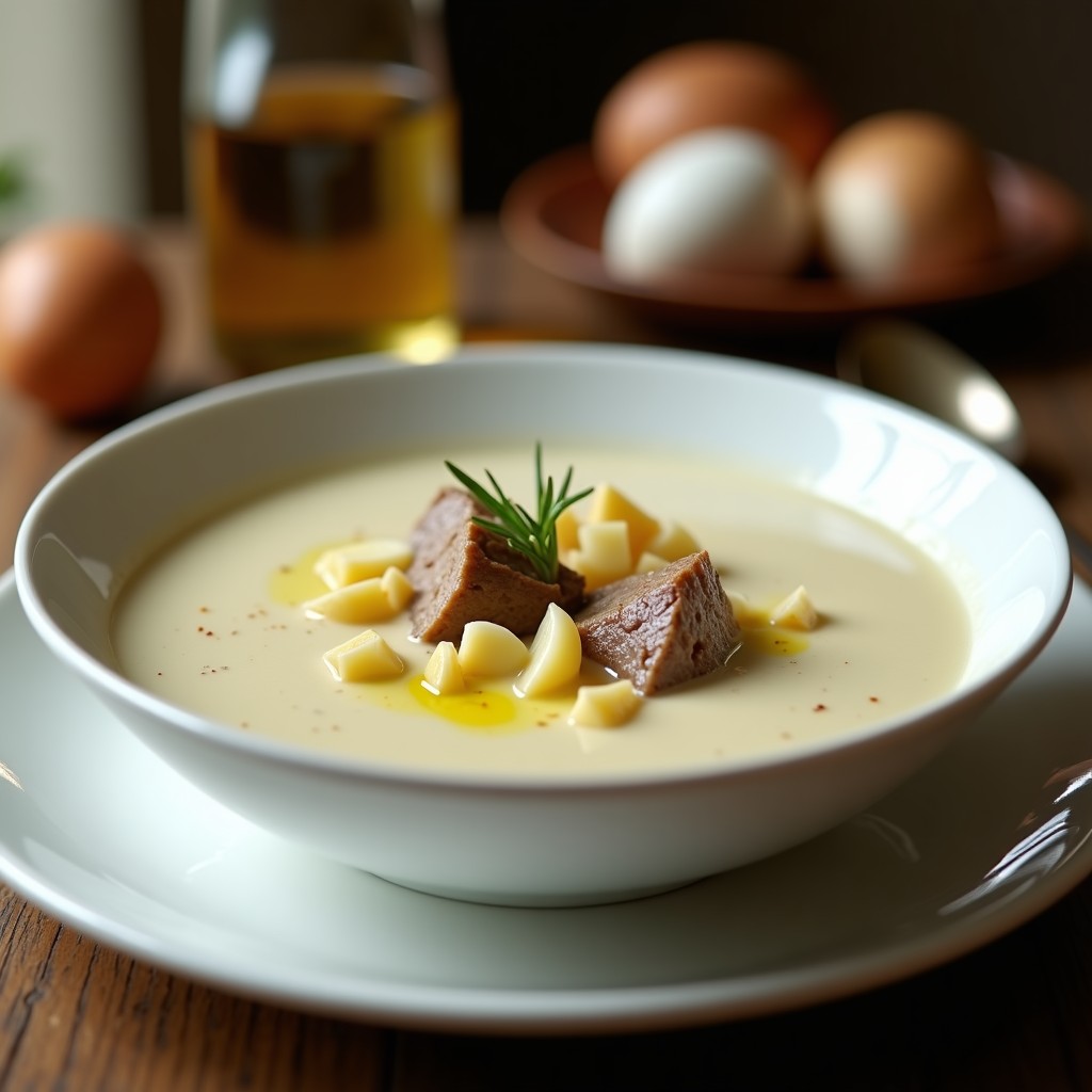 Cuenco de cerámica blanca con sopa de ajo blanco y cordero, decorada con huevo duro picado y uvas blancas, sobre fondo rústico de madera.