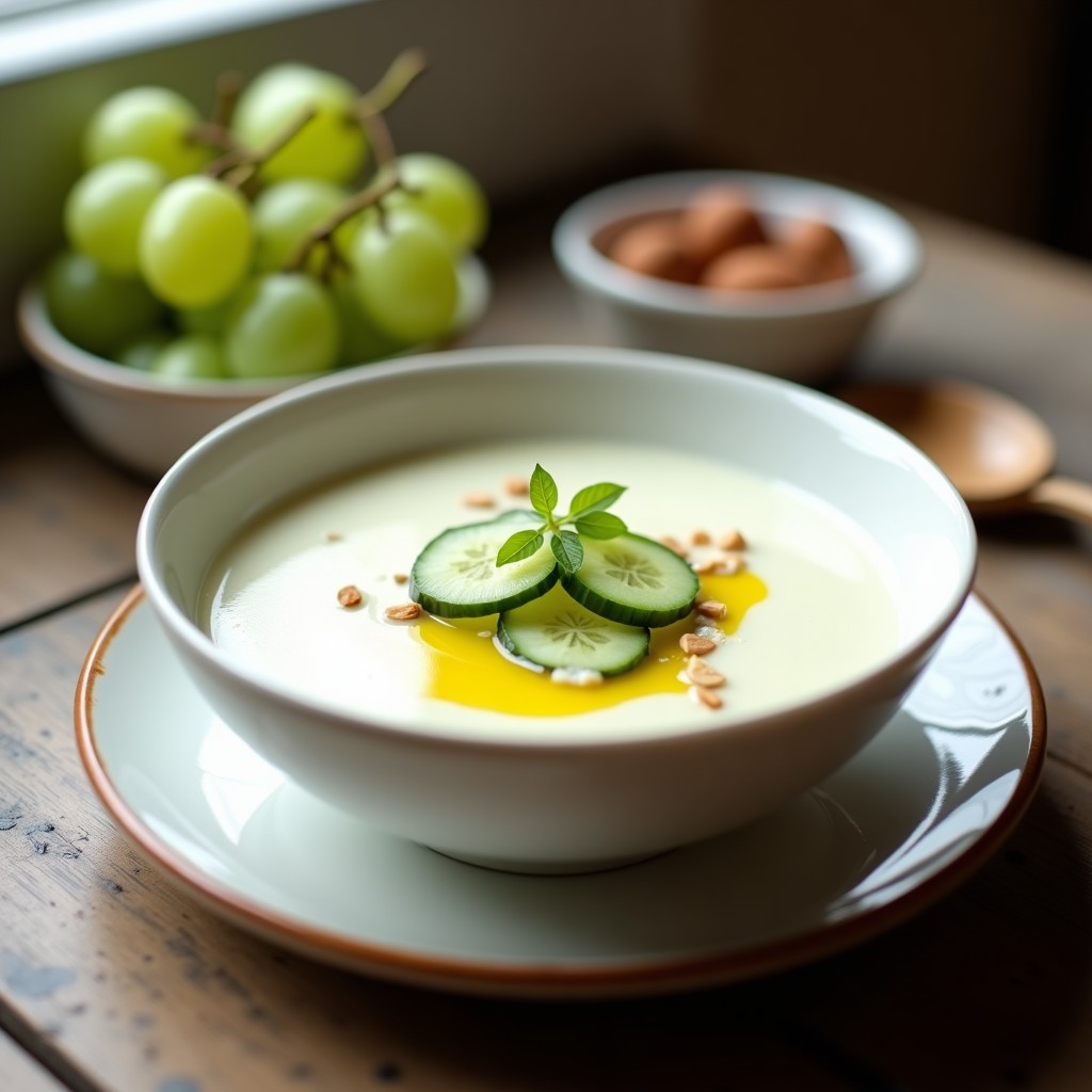 Cuenco de cerámica blanca con sopa de ajo blanco cordobés cremosa, decorada con uvas blancas, rodajas de pepino y un hilo de aceite de oliva, sobre fondo rústico de madera.