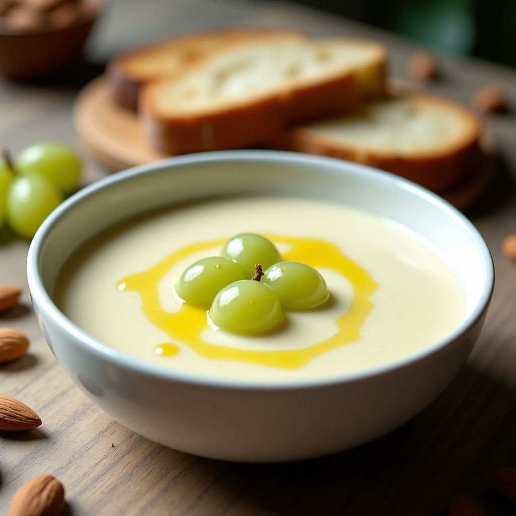 Cuenco de cerámica blanca con sopa de ajo blanco cordobés ultracremosa, decorada con uvas moscatel y un hilo de aceite de oliva virgen extra sobre fondo rústico de madera.