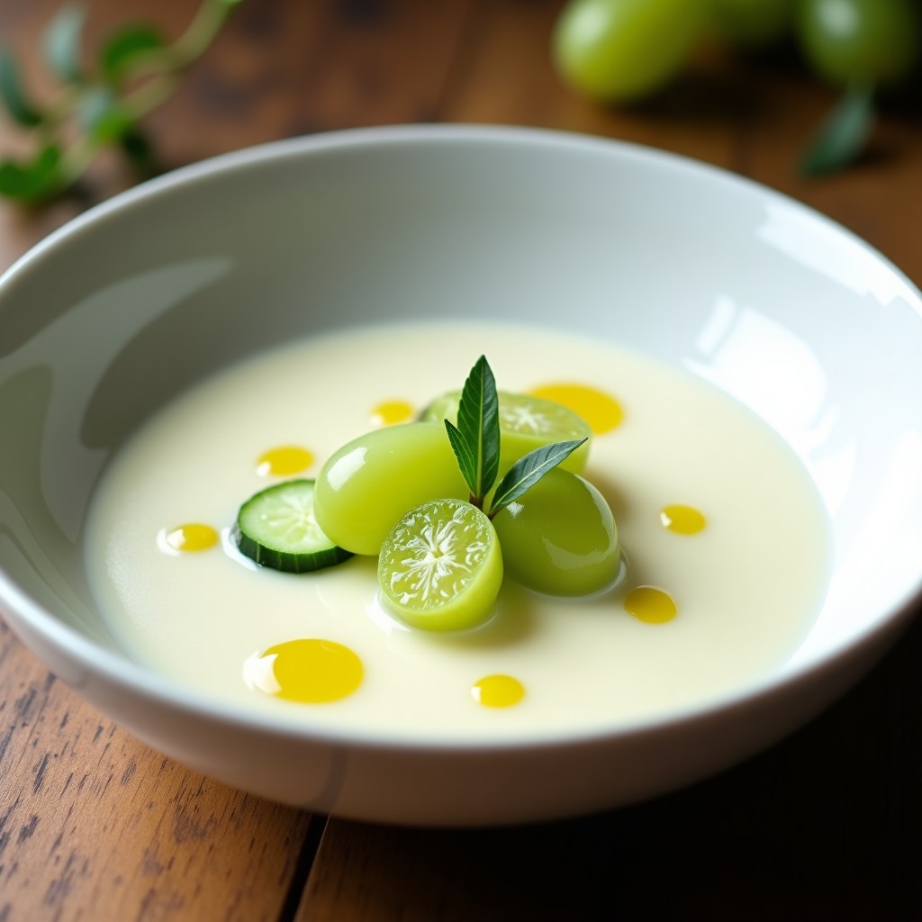 Cuenco blanco con sopa ajoblanco fría gourmet, cremosa y blanca, decorada con uvas blancas cortadas, rodajas de pepino y un hilo de aceite de oliva virgen extra, sobre fondo rústico de madera.