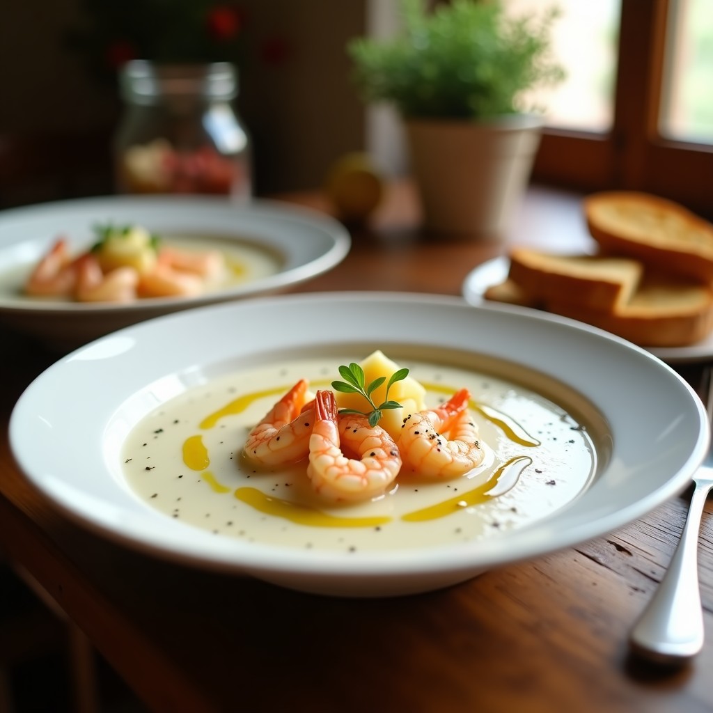 Cuenco blanco con sopa ajo blanco cremosa, decorada con gambas rosadas, trozos de huevo duro y un hilo de aceite de oliva virgen extra. Plato fresco y veraniego típico andaluz.