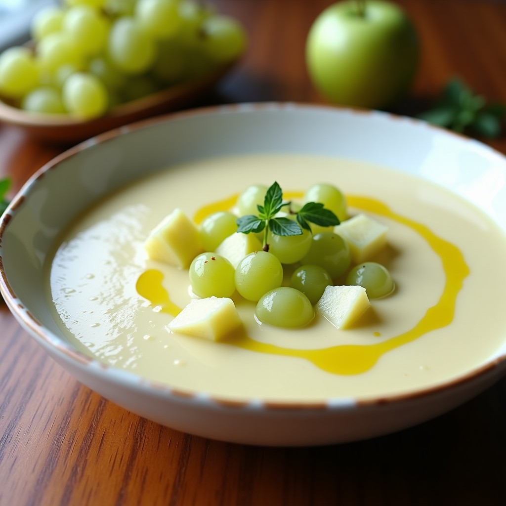 Cuenco de cerámica blanca con sopa de ajo blanco vegana cremosa, decorada con uvas verdes, trozos de manzana y un hilo de aceite de oliva virgen extra sobre fondo rústico de madera.