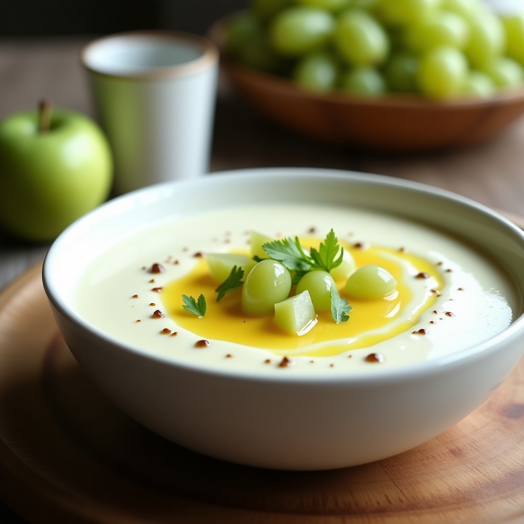 Cuenco de cerámica blanca con sopa de ajo blanco andaluza, cremosa y fría, decorada con trozos de manzana verde, uvas y un hilo de aceite de oliva virgen extra sobre fondo rústico de madera.