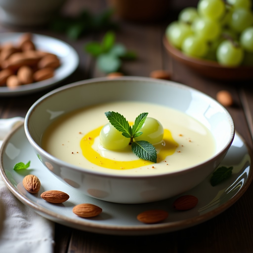 Cuenco de barro blanco con sopa ajo blanco malagueña helada, cremosa y de color beige claro, decorada con uvas verdes y un hilo de aceite de oliva virgen extra, sobre fondo rústico de madera.