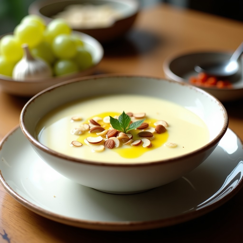 Cuenco de cerámica blanca con sopa de ajo blanco malagueña, cremosa y fría, decorada con uvas moscatel y almendras fileteadas, con un hilo de aceite de oliva virgen extra.