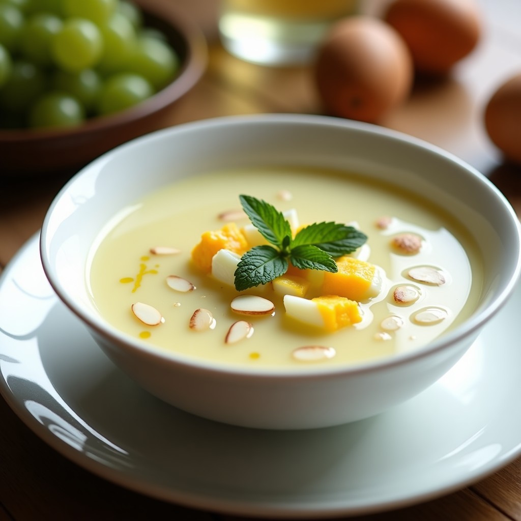 Cuenco de cerámica blanca con sopa ajoblanco fría, decorada con trozos de huevo duro, uvas verdes y almendras fileteadas, acompañada de un chorrito de aceite de oliva virgen extra sobre fondo rústico.