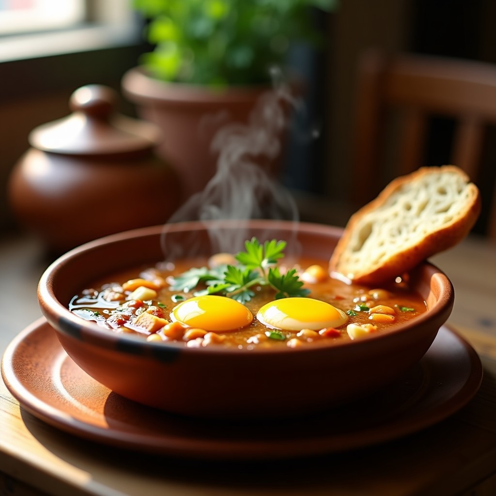 Cazuela de barro con sopa de ajo castellano humeante, huevos pochados, trozos de pan dorado y perejil fresco, receta tradicional en airfryer.