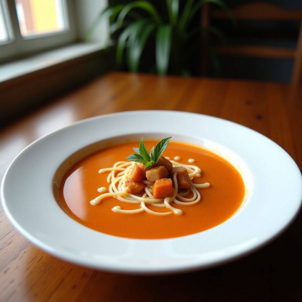 Cuenco hondo de cerámica blanca con sopa de ajo castellano humeante, huevos escalfados, trozos de pan dorado y pimentón espolvoreado, receta olla rápida.