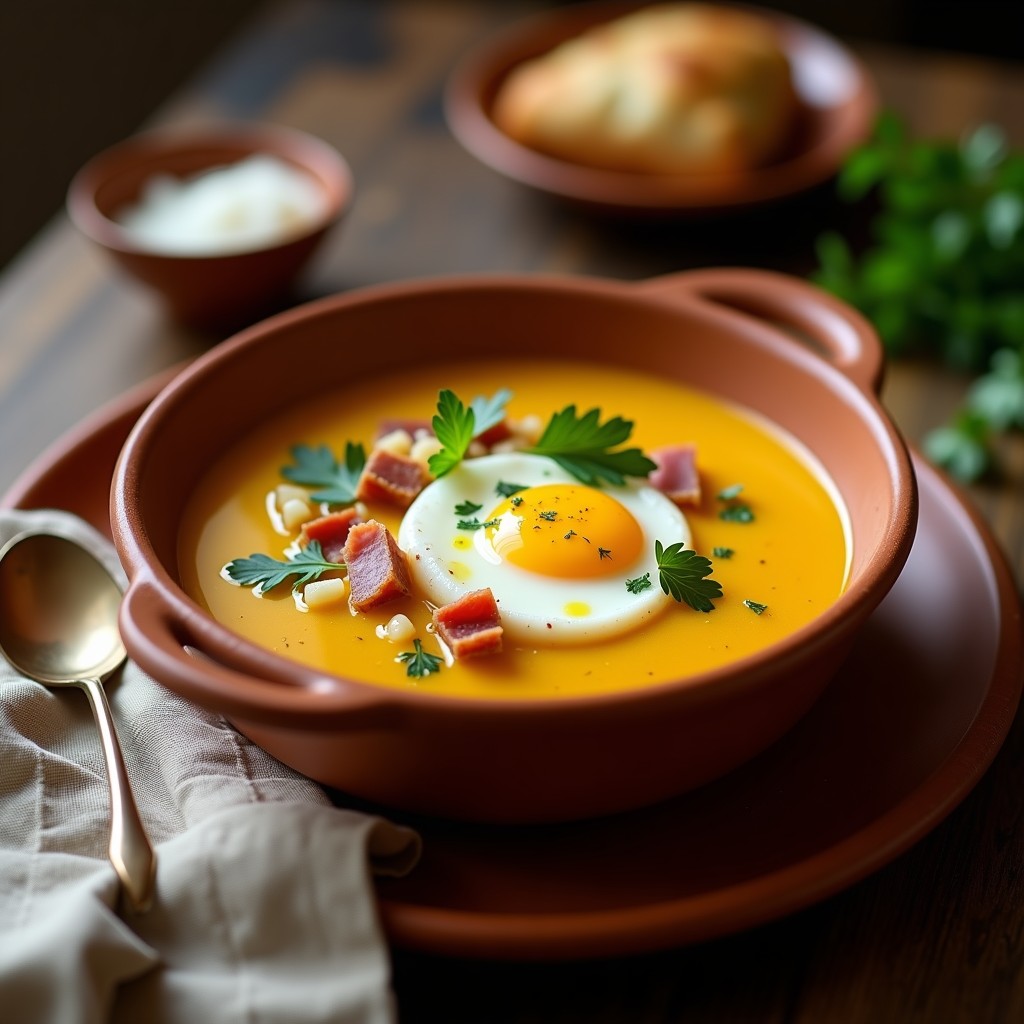 Cuenco de barro humeante con sopa de ajo castellano, huevo poché, taquitos de jamón serrano y perejil fresco, sobre fondo rústico de madera.