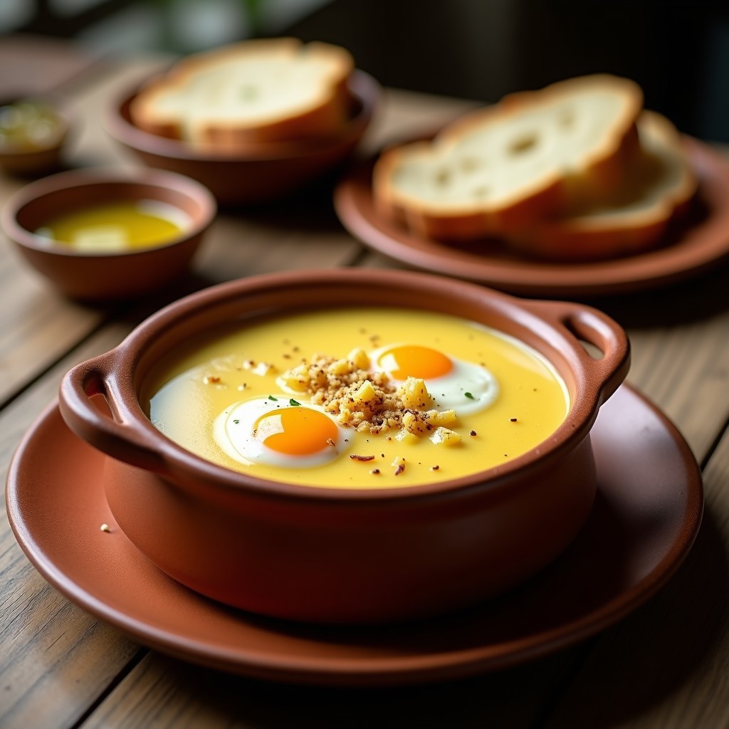 Cazuela de barro humeante con sopa de ajo castellano, huevos poché, ajos dorados y queso rallado, receta tradicional en olla superpuesta.