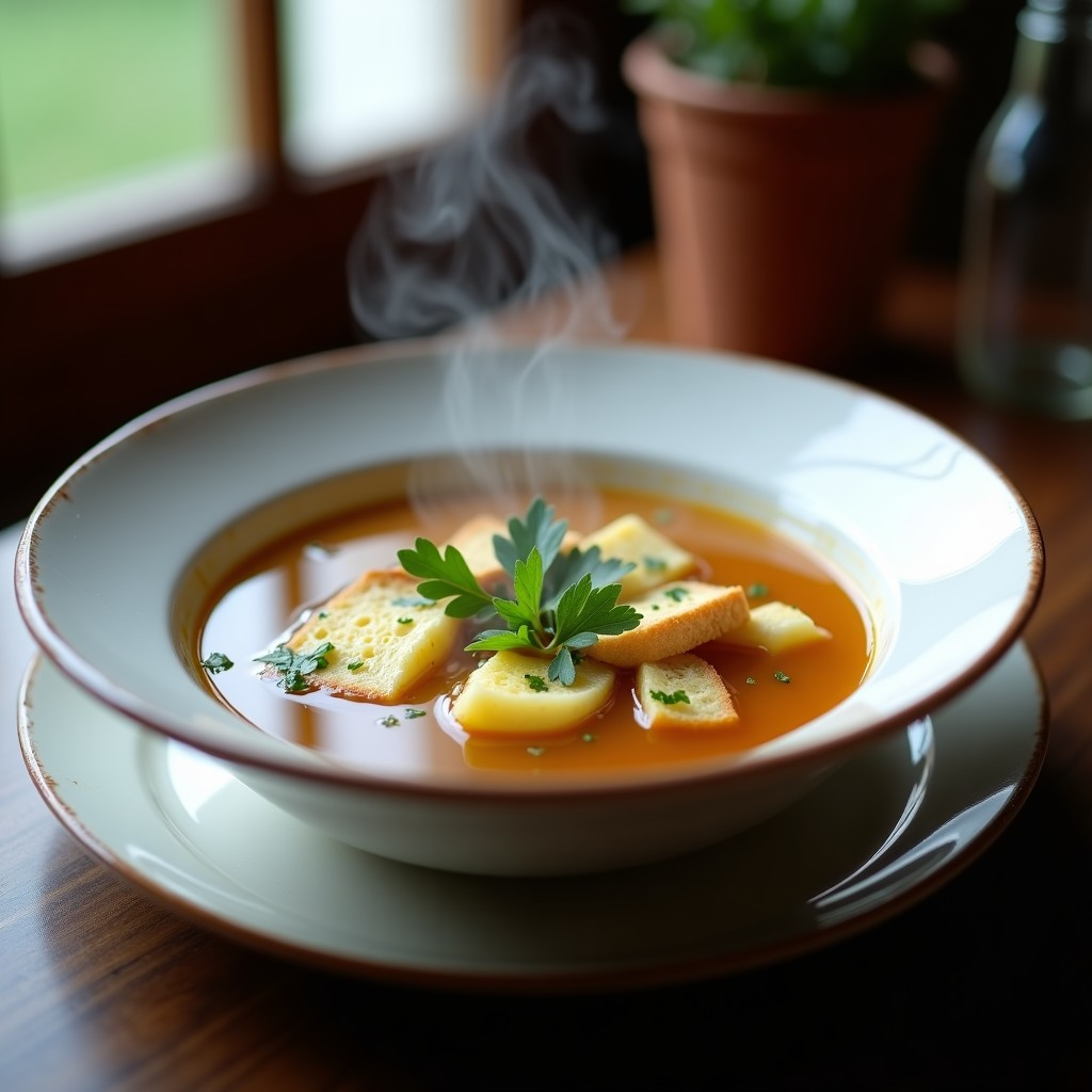 Cuenco hondo de cerámica blanca con sopa de ajo castellano humeante, huevos en hebras, trozos de pan duro y perejil fresco picado, sobre fondo rústico de madera.